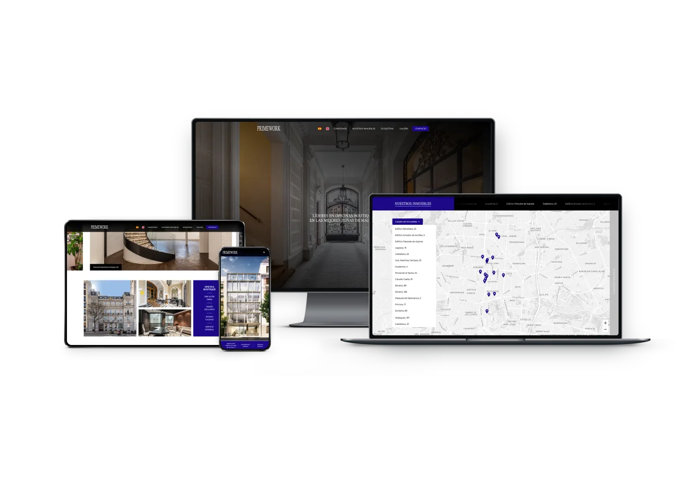 Web de Primework Properties mostrada en ordenador, portátil, tablet y móvil