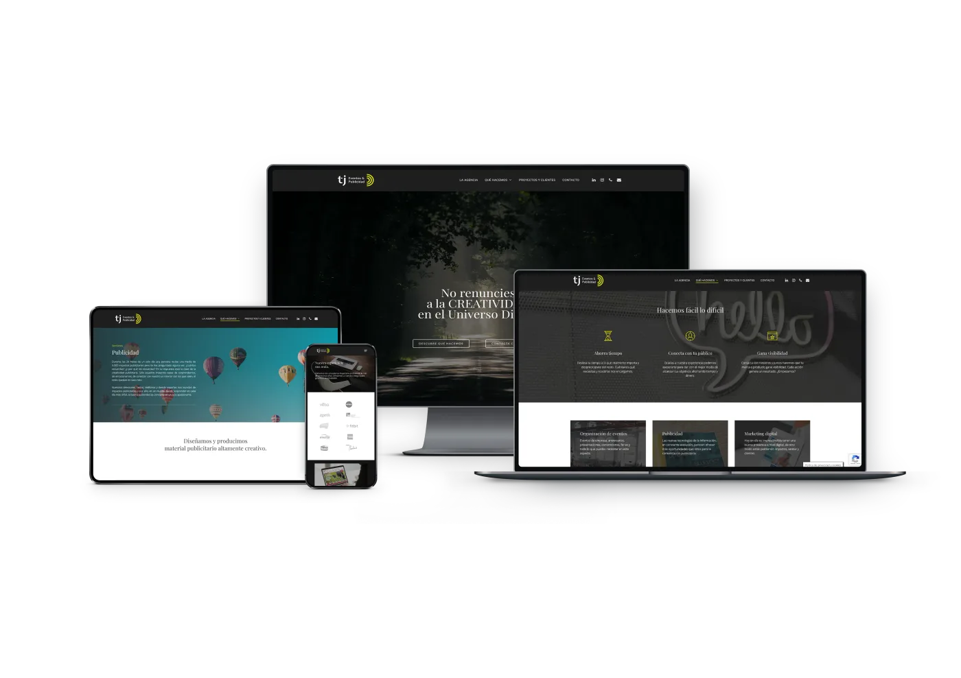 Web de TJ Publicidad mostrada en ordenador, portátil, tablet y móvil